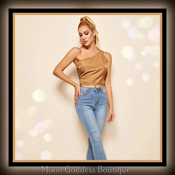 Shein Satin Gold One-Shoulder Cropped Top | Side Zip | XS NWT - Picture 4 of 7